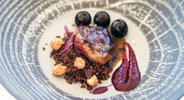 Supreme pigeon, spicy chutney of cherries and shades of kirsch
