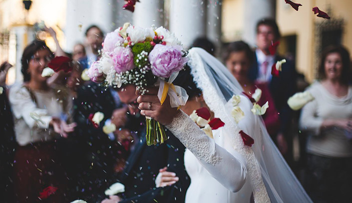 Winter weddings in the Church Bride, Groom and guests at the church wedding