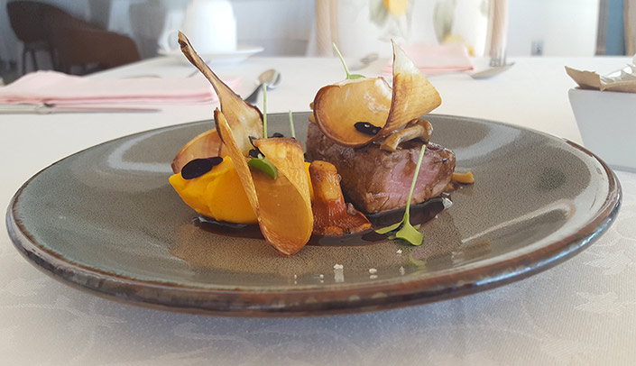 Iberian Sirloin with root vegetables and truffle sauce Winter wedding dish