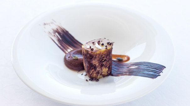 Duck’s liver with a cocoa powder crust, grape must reduction and sunflower seeds Starter in the Emperador Restaurant