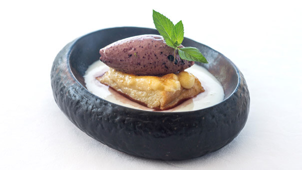 Dessert created by the chef Jean Marc Sanz Torrija with milk liqueur, fig sorbet and vanilla wine